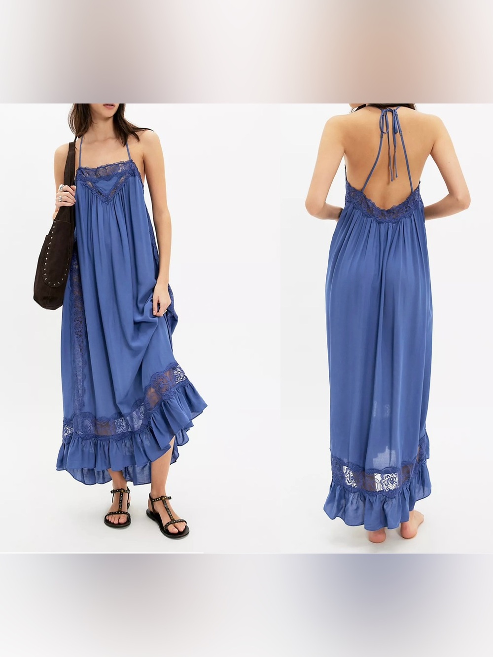 Free People Kiss Me Later Maxi Slip Dress Lace Open Back Blue Boho Size Small